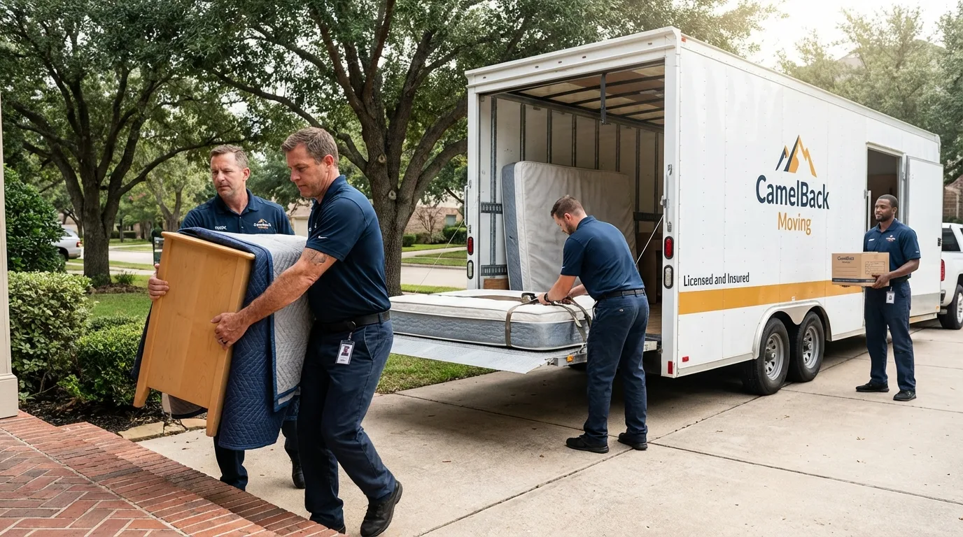 Crew loading residential truck for cross-state move from Brackettville, TX