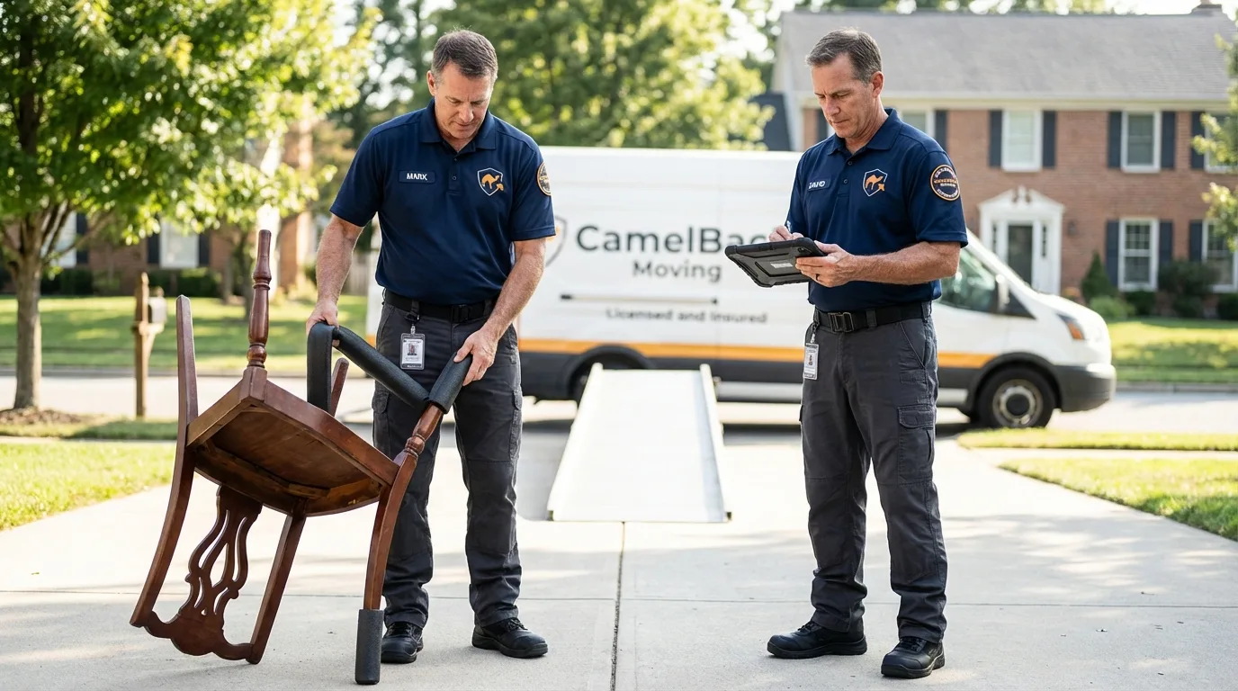 Movers inspecting furniture for damage prevention before loading in Brackettville, TX