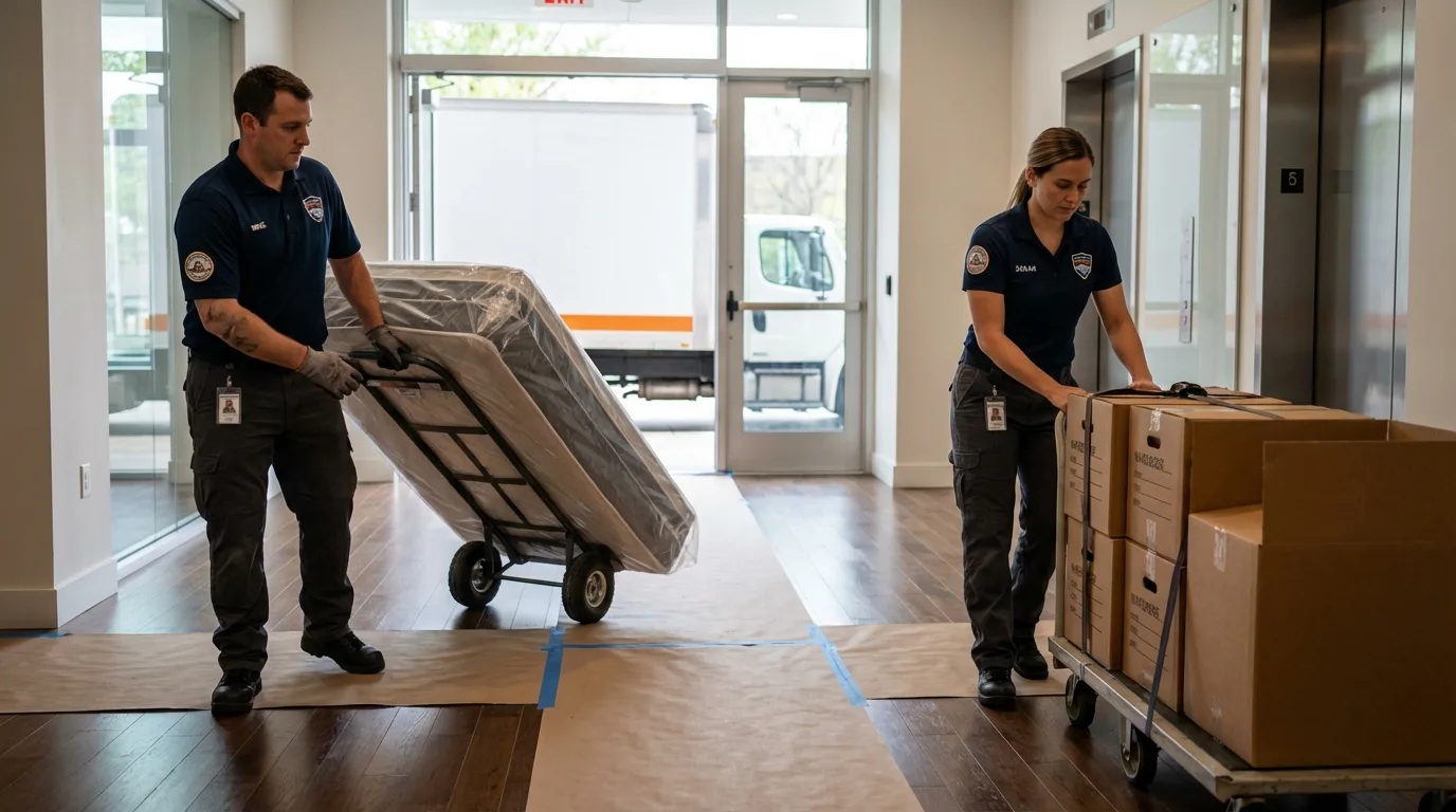 Professional apartment movers loading elevator in Brackettville, TX