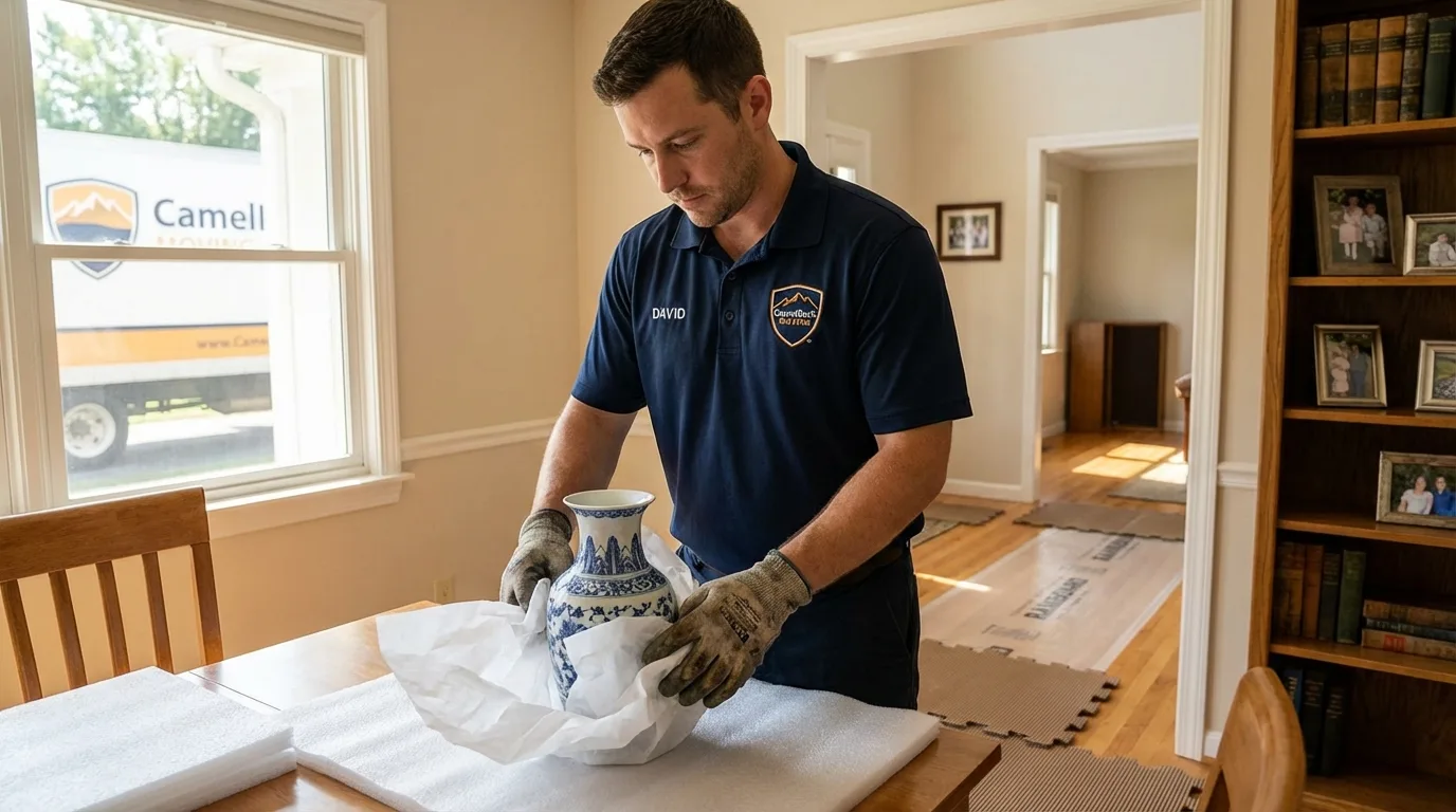 Professional crew carefully wrapping antique vase for senior downsizing move in Brackettville, TX