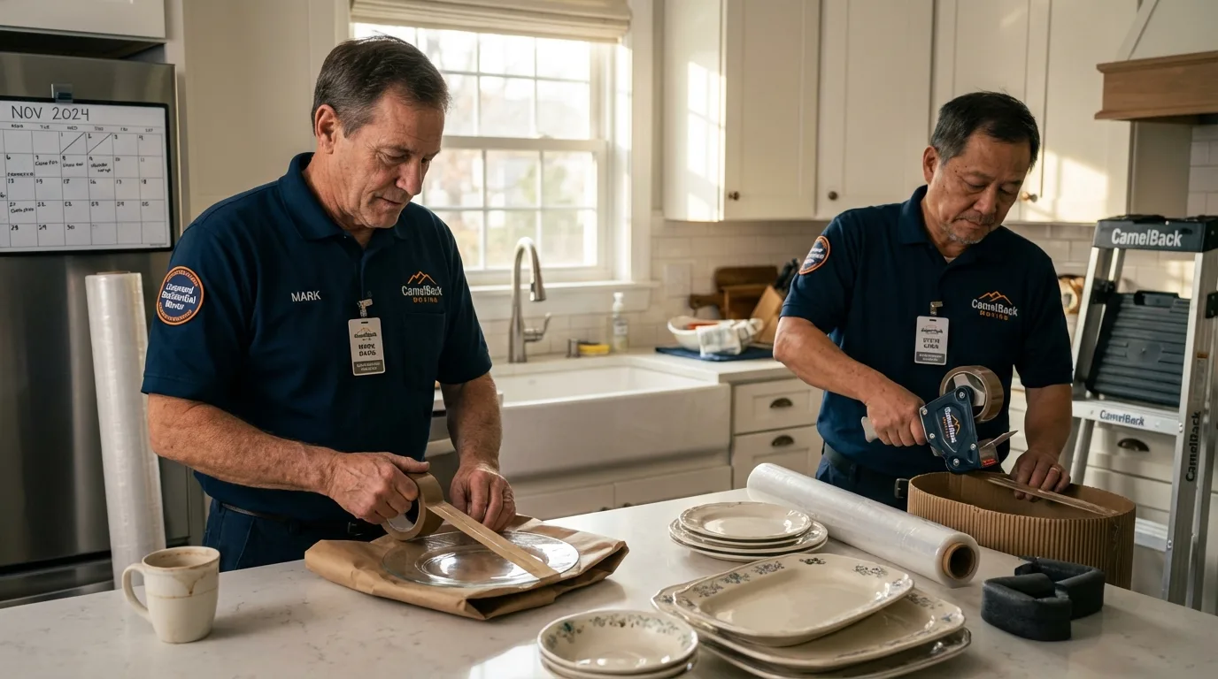 Professional crew packing kitchen dishware in Brackettville, TX